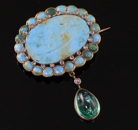 A late Victorian turquoise and rose cut diamond set pendant brooch, with emerald and diamond set drop,
